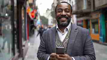 Photo un homme d'affaires prospère utilise son téléphone en marchant dans la rue et en souriant.