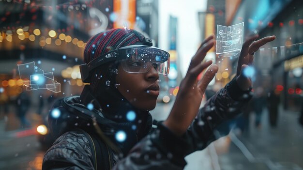 Photo un homme d'affaires qualifié portant un casque vr avec des statistiques financières