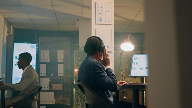 Photo un homme d'affaires qui aime la musique au bureau.