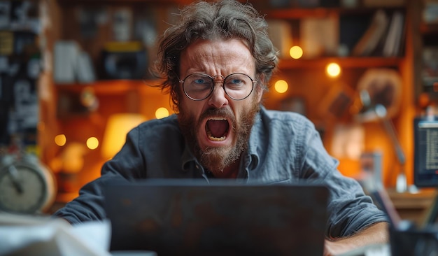Photo un homme d'affaires qui crie en regardant un ordinateur portable en gros plan