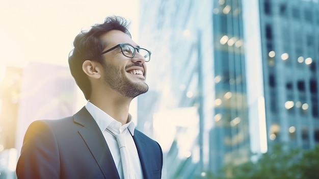 Un homme d'affaires qui regarde un bâtiment moderne