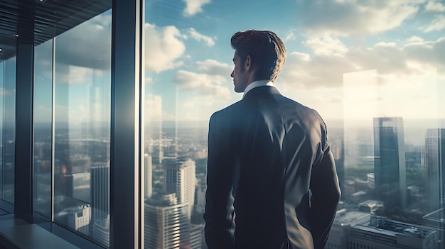 Un homme d'affaires qui regarde par une fenêtre de gratte-ciel.