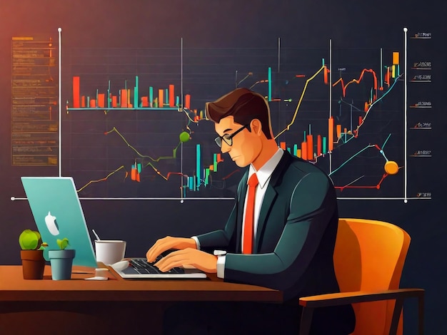 Un homme d'affaires qui travaille dur. Diagramme du marché du commerce financier. Illustration vectorielle.