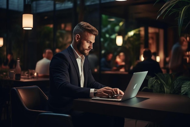 Un homme d'affaires qui travaille sur un ordinateur portable dans un bureau moderne.