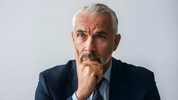 Un homme d'affaires réfléchi profondément en contemplation avec la main sur le menton