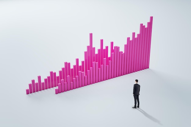 Homme d'affaires réfléchi regardant abstrait graphique d'affaires rose vif sur fond blanc clair Concept d'infographie