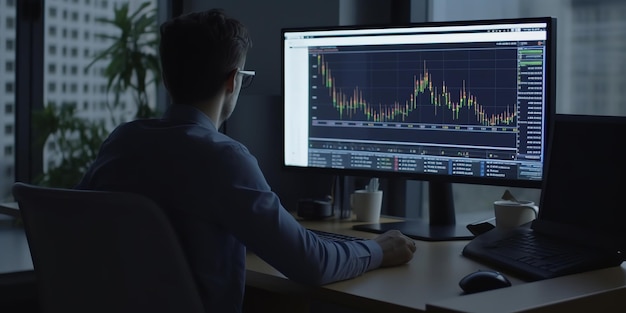 homme d'affaires regardant le marché graphique sur le moniteur dans la salle de bureau