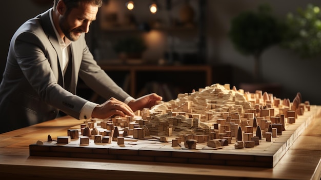 homme d'affaires regarde un bloc de bois illustrant les concepts de développement d'équipe