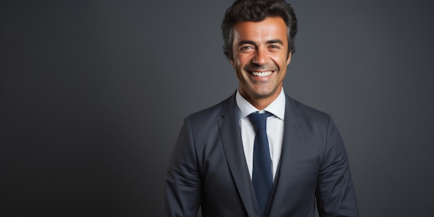 Un homme d'affaires réussi et souriant en costume se tient sur le fond d'un mur gris dans le bureau.