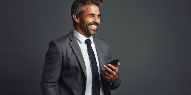 Un homme d'affaires réussi et souriant en costume se tient sur le fond d'un mur gris dans le bureau.