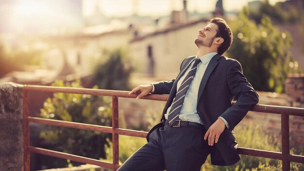 Photo un homme d'affaires rêveur s'appuyant sur une balustrade à l'extérieur