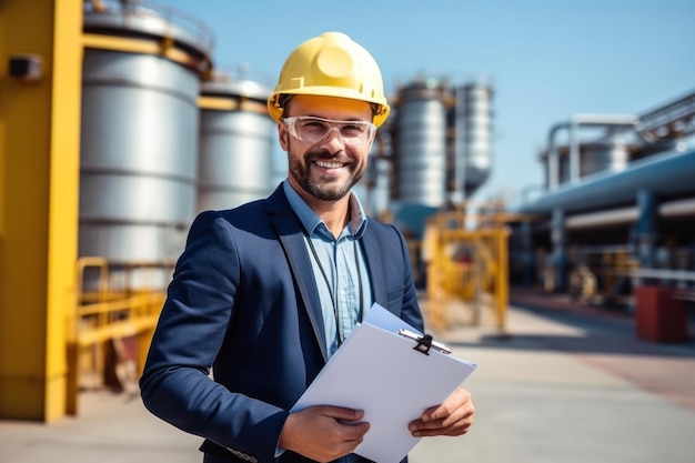 Un homme d'affaires riche et beau en costume avec un casque sur la tête tenant des documents et regardant la caméra au fond est un réservoir de pétrole à l'extérieur de la raffinerie