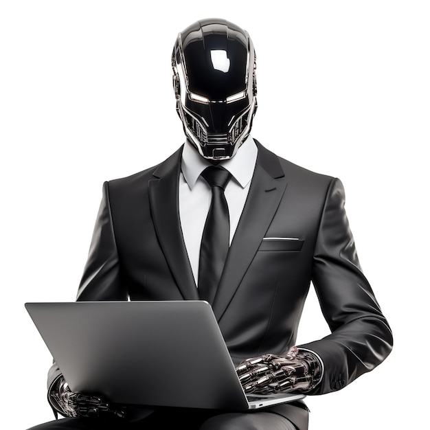 Homme d'affaires robot 3D AI en costume noir avec utilisation d'un ordinateur portable penser ou calculer un concept d'idée isolé sur fond blanc ai générer