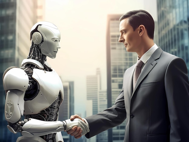 Un homme d'affaires et un robot android se serrent la main. L'intelligence artificielle et les humains collaborent.