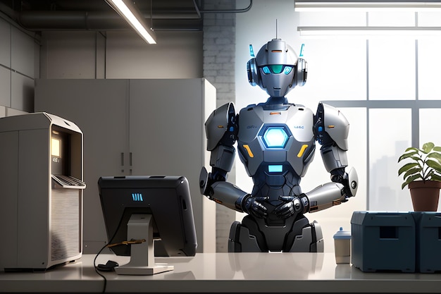 Un homme d'affaires robot mignon travaille au bureau. Idée conceptuelle d'un assistant commercial assistant bot