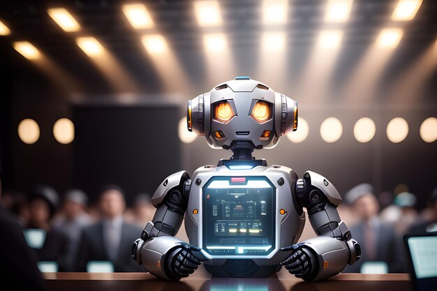 Un homme d'affaires robot mignon travaille au bureau. Idée conceptuelle d'un assistant commercial assistant bot