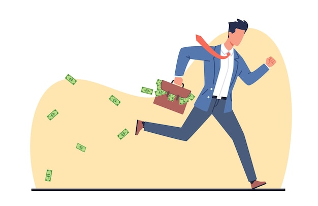 L'homme d'affaires s'enfuit avec une mallette avec de l'argent de papier qui en tombe L'homme en fuite se dépêche Personne entrepreneur ou employé à succès Illustration plate isolée de dessin animé Concept vectoriel