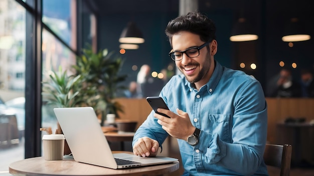Homme d'affaires satisfait assis à la table dans un café avec un ordinateur portable tout en utilisant un smartphone