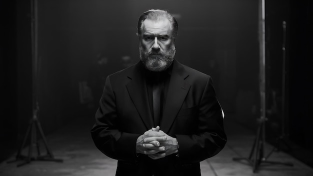 Un homme d'affaires sceptique sérieux avec une barbe et des vêtements sombres se tient dans un studio photo sombre.