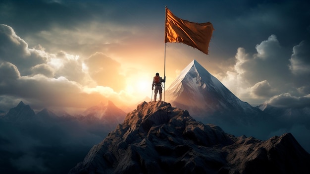 L'homme d'affaires se tient au sommet d'une montagne avec un drapeau