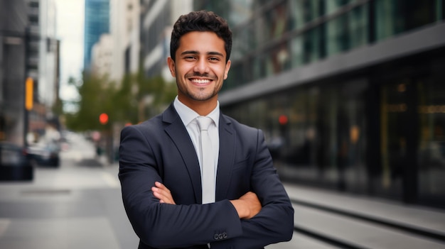 Un homme d'affaires se tient les bras croisés et souriant devant la ville d'affaires Créé avec la technologie Generative AI