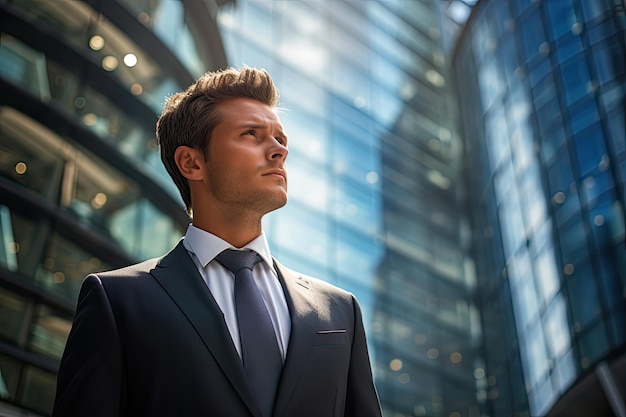 Un homme d'affaires se tient devant un gratte-ciel et regarde le bâtiment. L'accent est mis sur l'homme d'affaires et le bâtiment est légèrement flou.