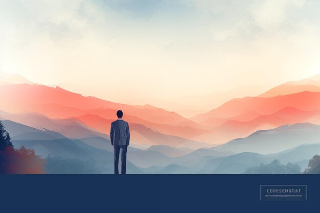 Un homme d'affaires se tient sur la montagne sur un fond flou pour le concept d'entreprise
