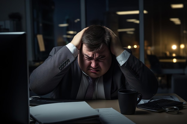 homme d'affaires se tirant les cheveux avec colère au milieu de la nuit au bureau illustration générative de l'IA