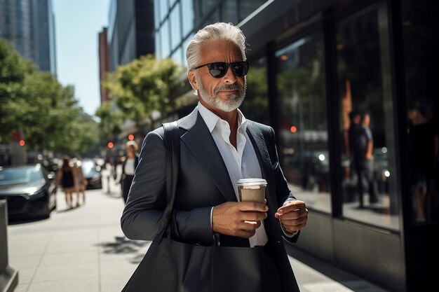 Un homme d'affaires senior en costume et lunettes de soleil