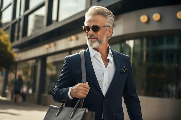 Un homme d'affaires senior en costume et lunettes de soleil