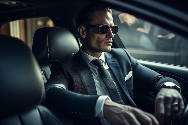 Homme d'affaires sérieux et prospère en lunettes de soleil assis dans une voiture de luxe et conduisant AI générative