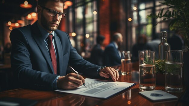 Homme d'affaires signant un contrat à table dans un café