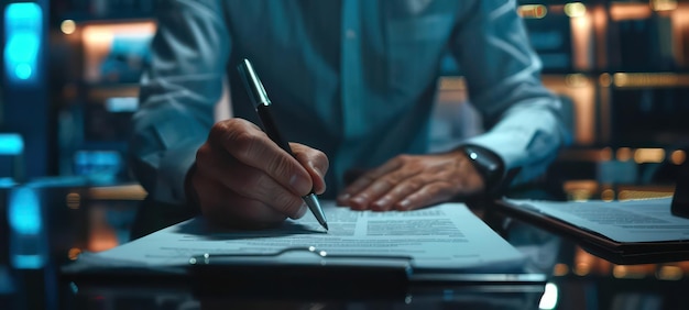Un homme d'affaires signe des contrats d'investissement, des documents professionnels avec un stylo.