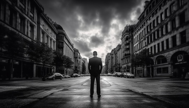 Un homme d'affaires solitaire se promène dans les rues de la ville entouré d'une architecture générée par l'IA