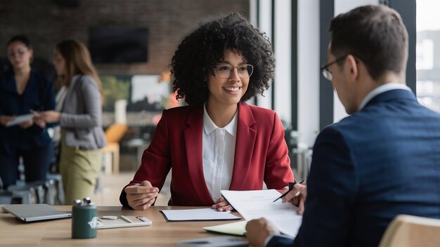 Photo un homme d'affaires souriant attend quand son partenaire lit le contrat.