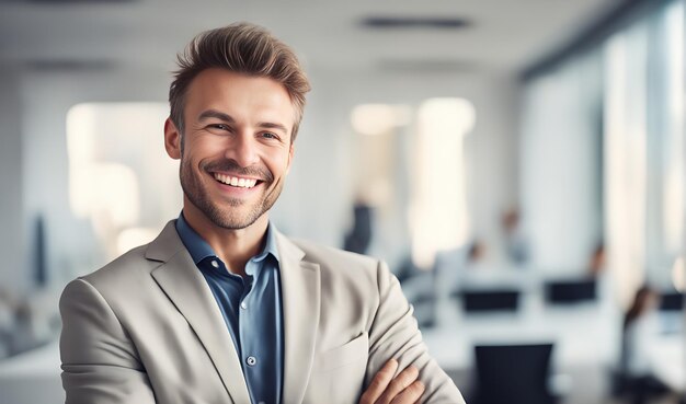 Photo un homme d'affaires souriant au bureau avec un arrière-plan flou