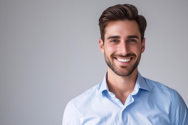Homme d'affaires souriant en chemise bleue sur fond gris AI générative