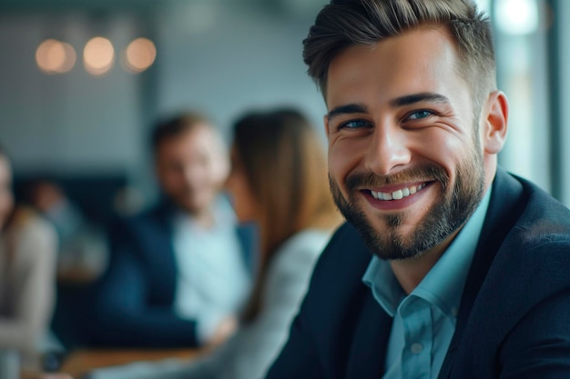 Photo un homme d'affaires souriant dans une salle de réunion avec des collègues.