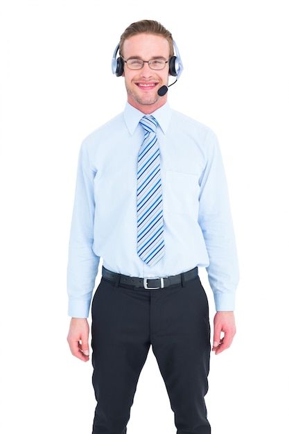 Homme d&#39;affaires souriant, debout avec un casque