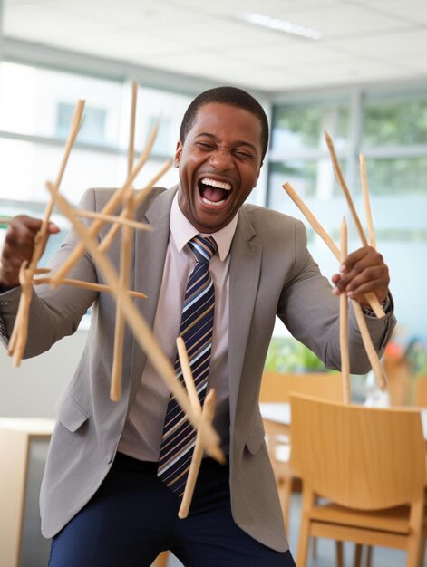 Photo un homme d'affaires souriant jouant avec des bâtons au bureau