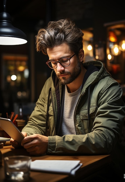 homme d'affaires souriant à lunettes assis près de la table dans un café avec un ordinateur portable tout en utilisant smar