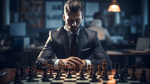 Un homme d'affaires stratégique et faisant un pas dans une partie d'échecs
