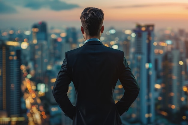 Un homme d'affaires surveille le paysage urbain