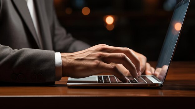 Photo un homme d'affaires tapant à la main sur le clavier d'un ordinateur portable sur son bureau.