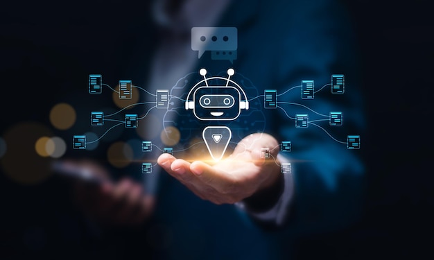 Un homme d'affaires de la technologie AI détenant une technologie AI virtuelle pour l'intelligence artificielle utilise l'analyse l'automatisation de la gestion de grandes données en utilisant l'invite de commande pour générer quelque chose