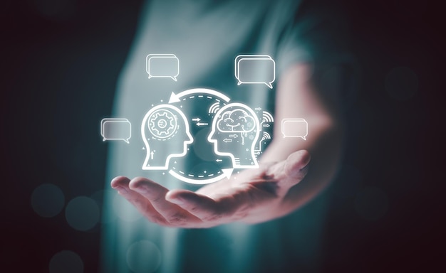 Un homme d'affaires de la technologie montre un graphique virtuel Connectez-vous à Internet mondial Parlez avec l'intelligence artificielle