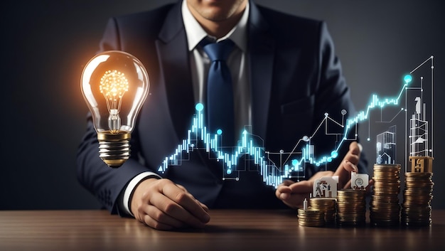 Homme d'affaires tenant une ampoule créative avec un graphique de croissance et des icônes bancaires Innovation financière