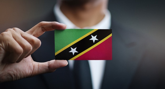 Homme d&#39;affaires tenant une carte du drapeau de Saint-Kitts-et-Nevis