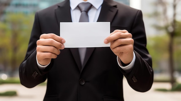 Un homme d'affaires tenant une carte de visite en blanc.