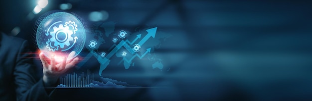 Homme d'affaires tenant un cercle symbolique de l'innovation technologique d'automatisation et du développement numérique